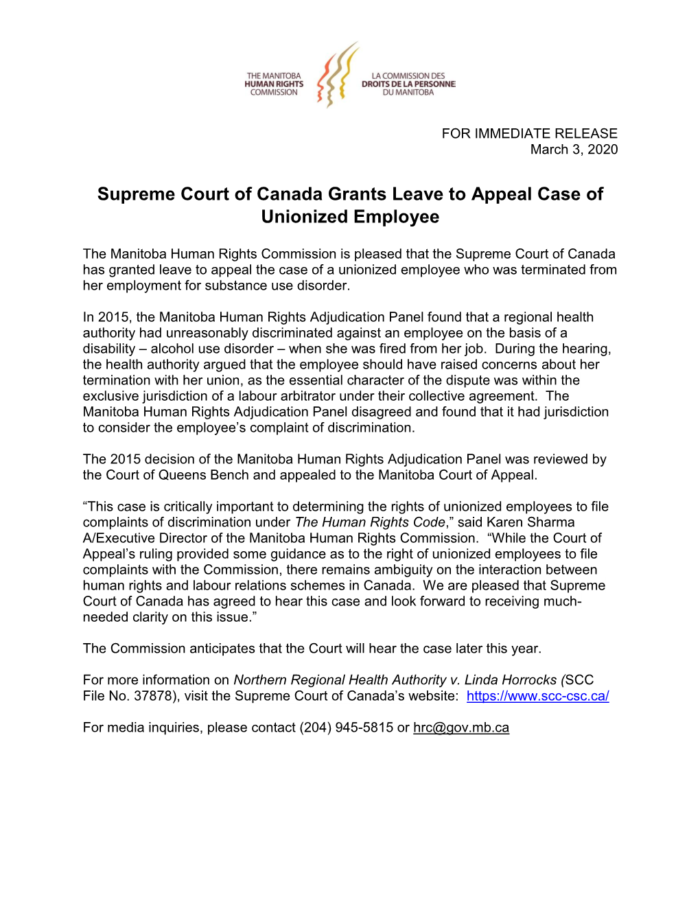 Supreme Court of Canada Grants Leave to Appeal Case of Unionized Employee