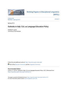 Outlooks in Italy: CLIL As Language Education Policy