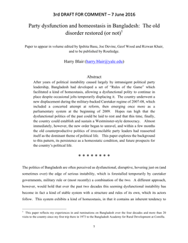 Party Dysfunction and Homeostasis in Bangladesh: the Old Disorder Restored (Or Not)1