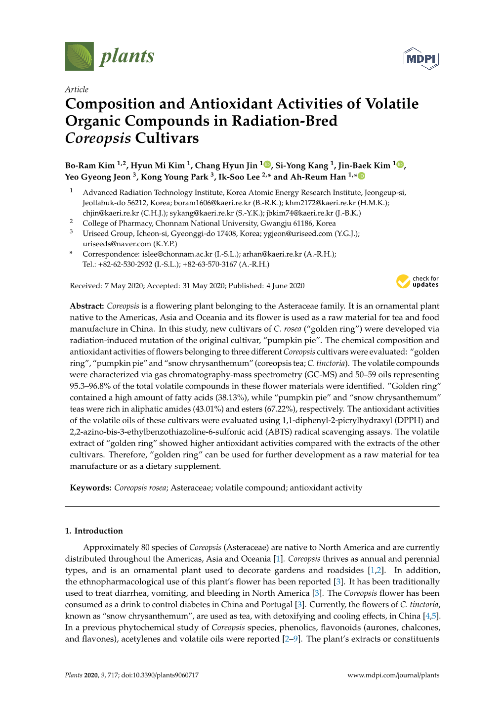 Composition and Antioxidant Activities of Volatile Organic Compounds in Radiation-Bred Coreopsis Cultivars