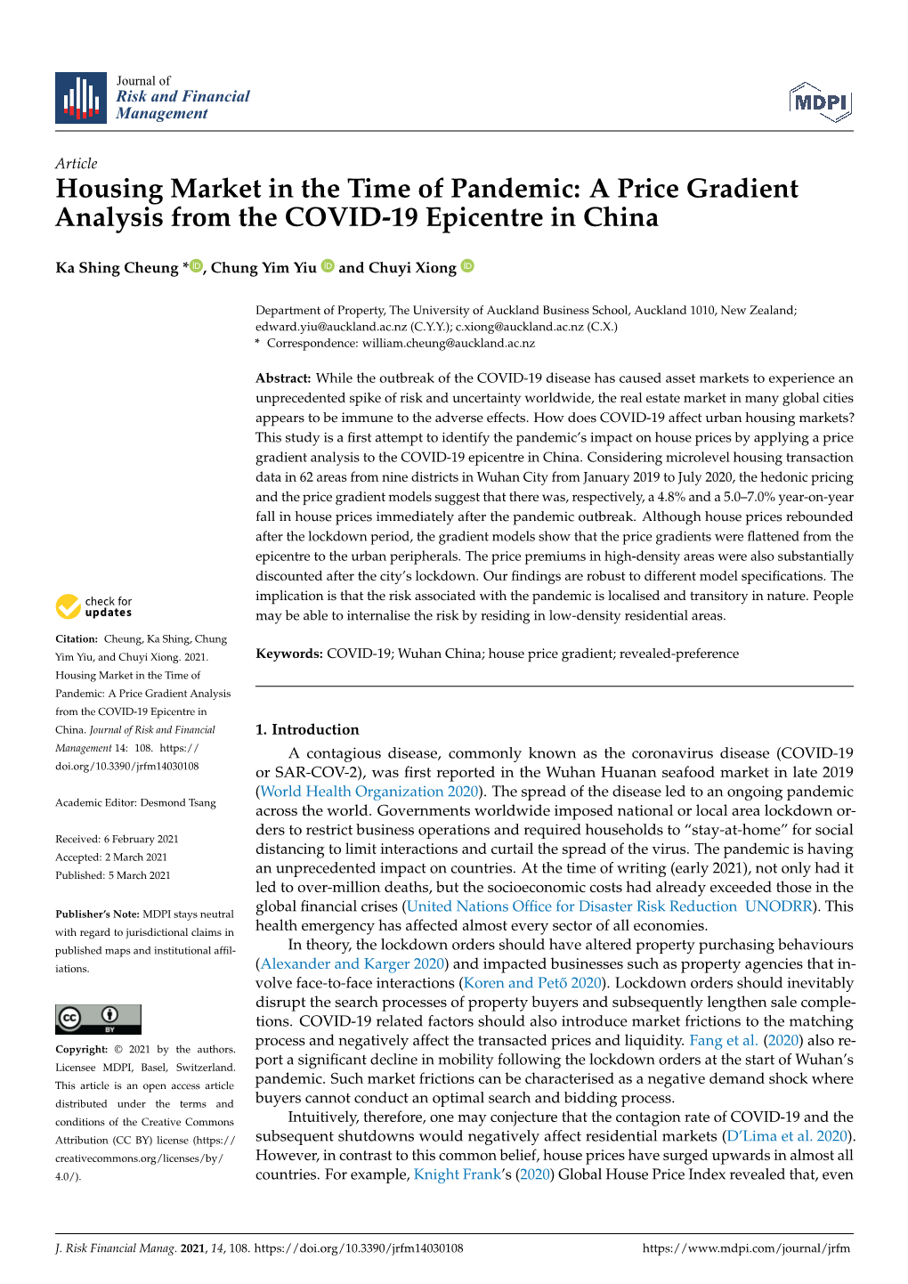 Housing Market in the Time of Pandemic: a Price Gradient Analysis from the COVID-19 Epicentre in China