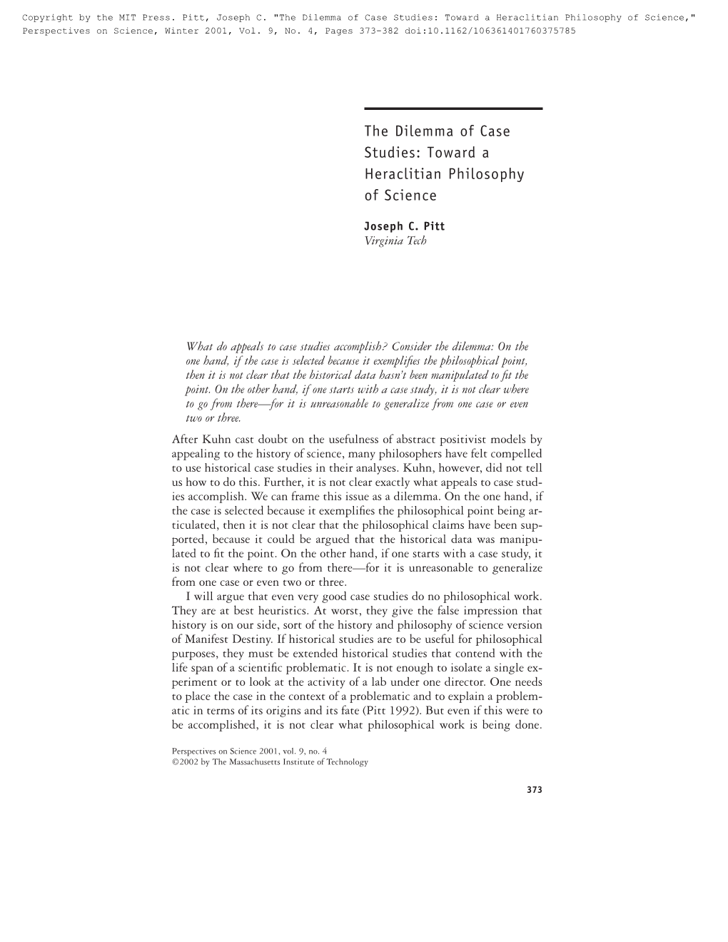 The Dilemma of Case Studies: Toward a Heraclitian Philosophy of Science