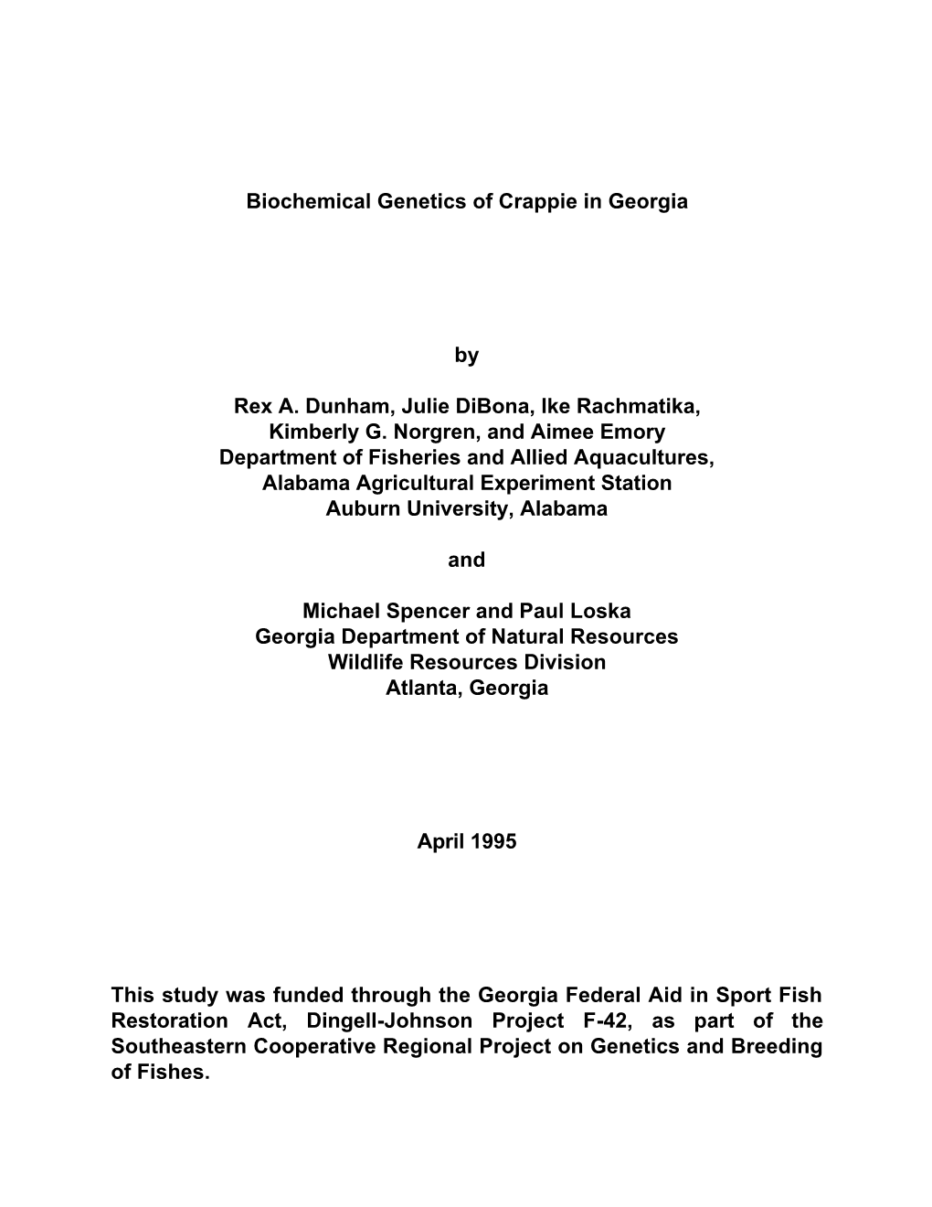 Biochemical Genetics of Crappie in Georgia