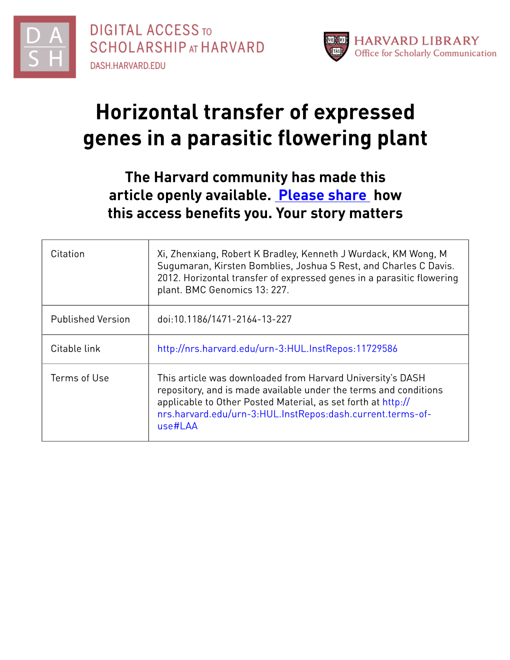Horizontal Transfer of Expressed Genes in a Parasitic Flowering Plant
