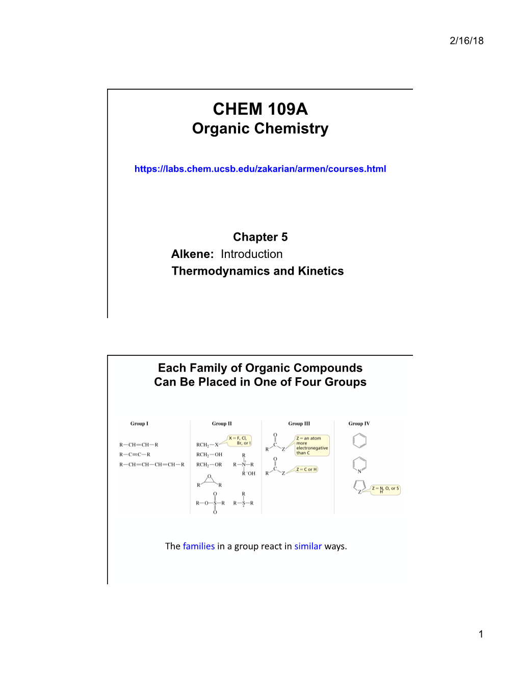 CHEM 109A Organic Chemistry