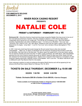 Natalie Cole Friday & Saturday • February 14 & 15