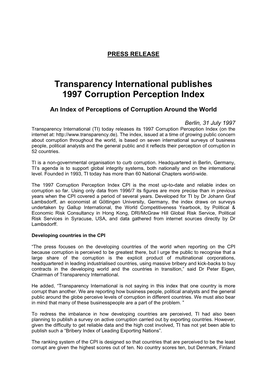 Transparency International Publishes 1997 Corruption Perception Index