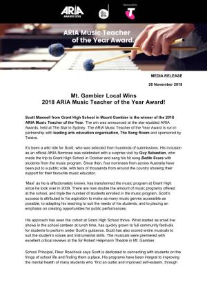 Mt. Gambier Local Wins 2018 ARIA Music Teacher of the Year Award!