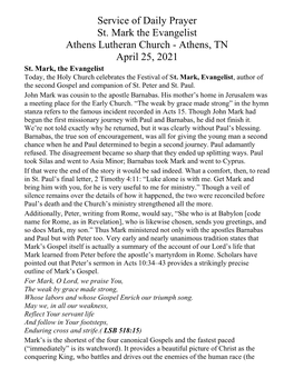 St Mark the Evangelist April 25 2021 Worship Bulletin