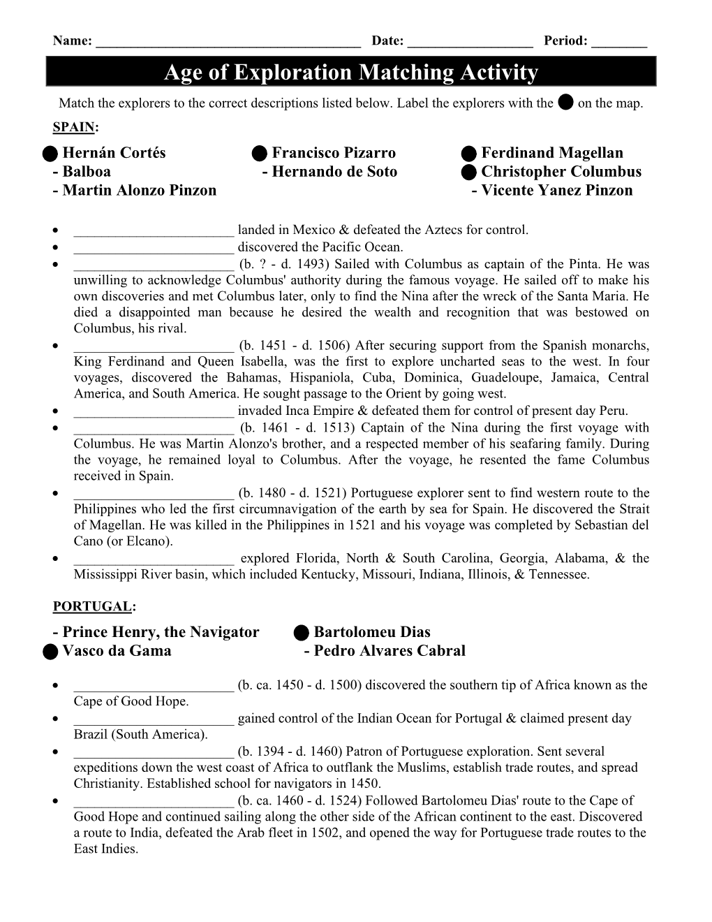 Age of Exploration Matching Activity