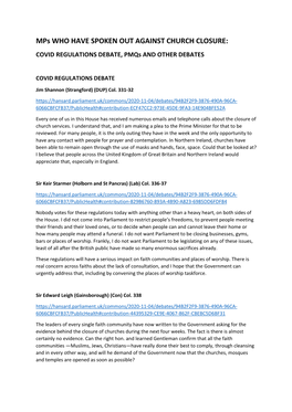 Mps WHO HAVE SPOKEN out AGAINST CHURCH CLOSURE: COVID REGULATIONS DEBATE, Pmqs and OTHER DEBATES