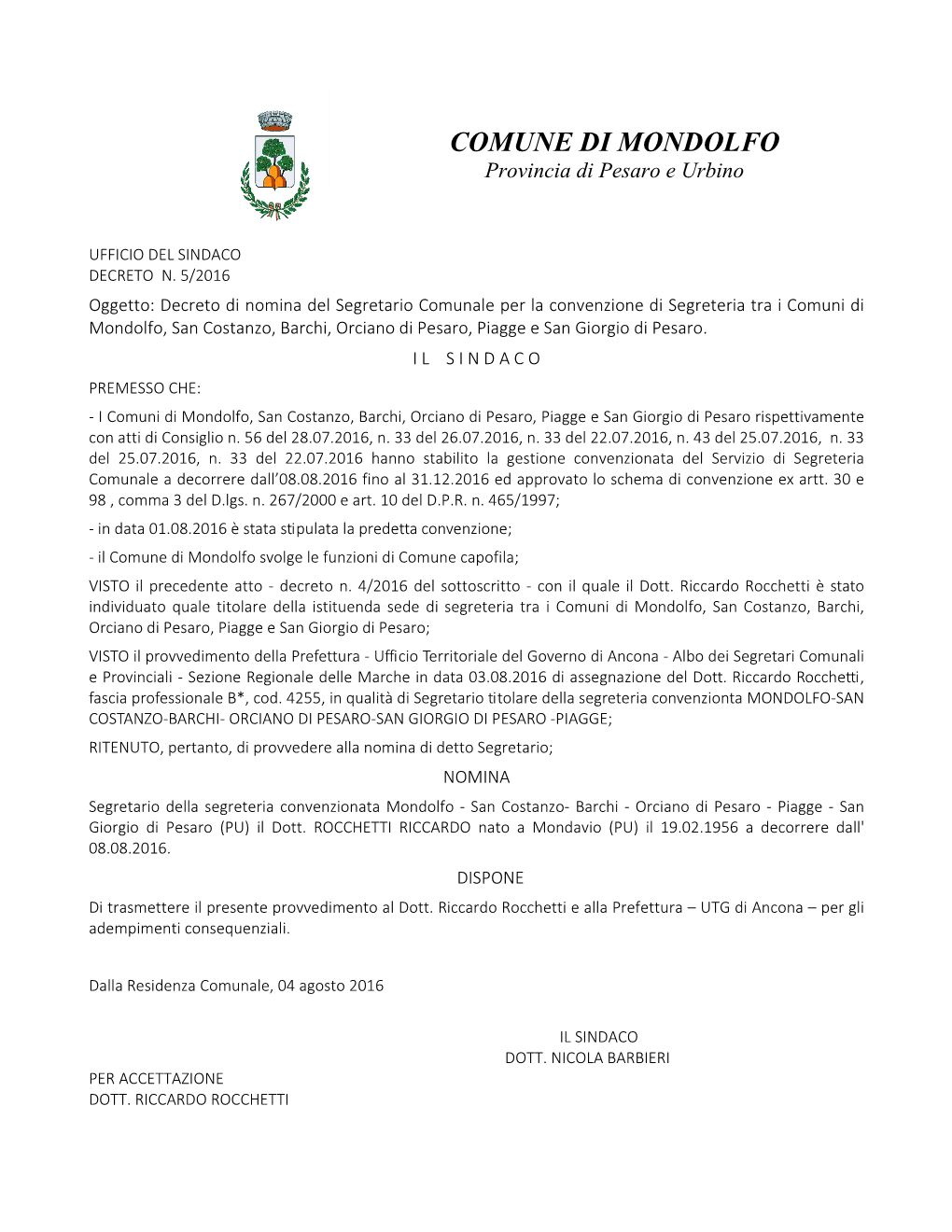 COMUNE DI MONDOLFO Provincia Di Pesaro E Urbino