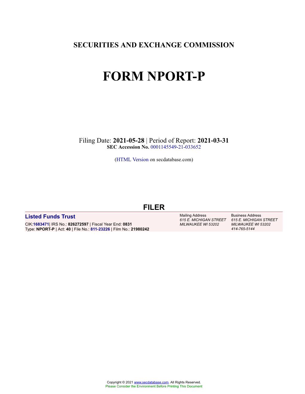 Listed Funds Trust Form NPORT-P Filed 2021-05-28