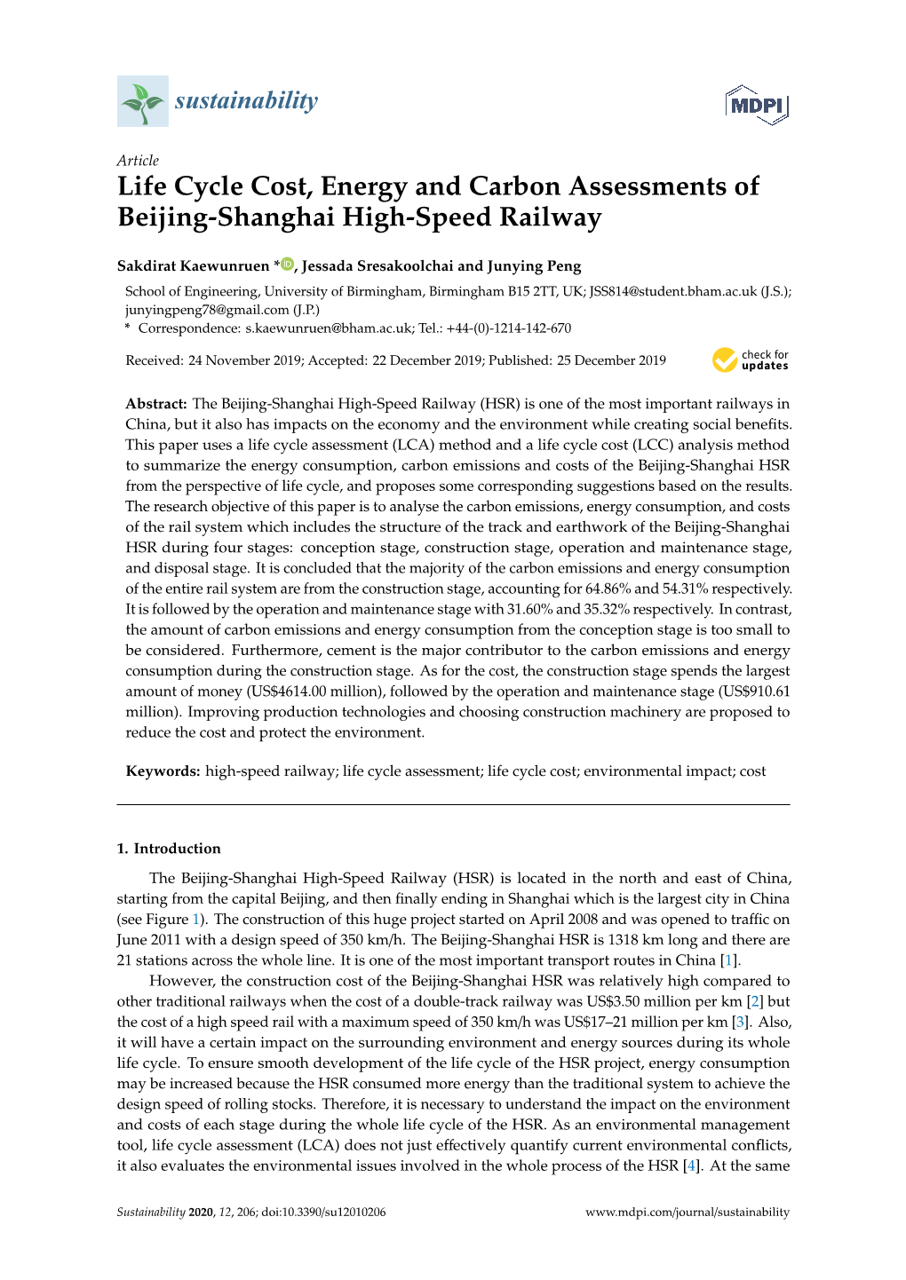 Life Cycle Cost, Energy and Carbon Assessments of Beijing-Shanghai High-Speed Railway