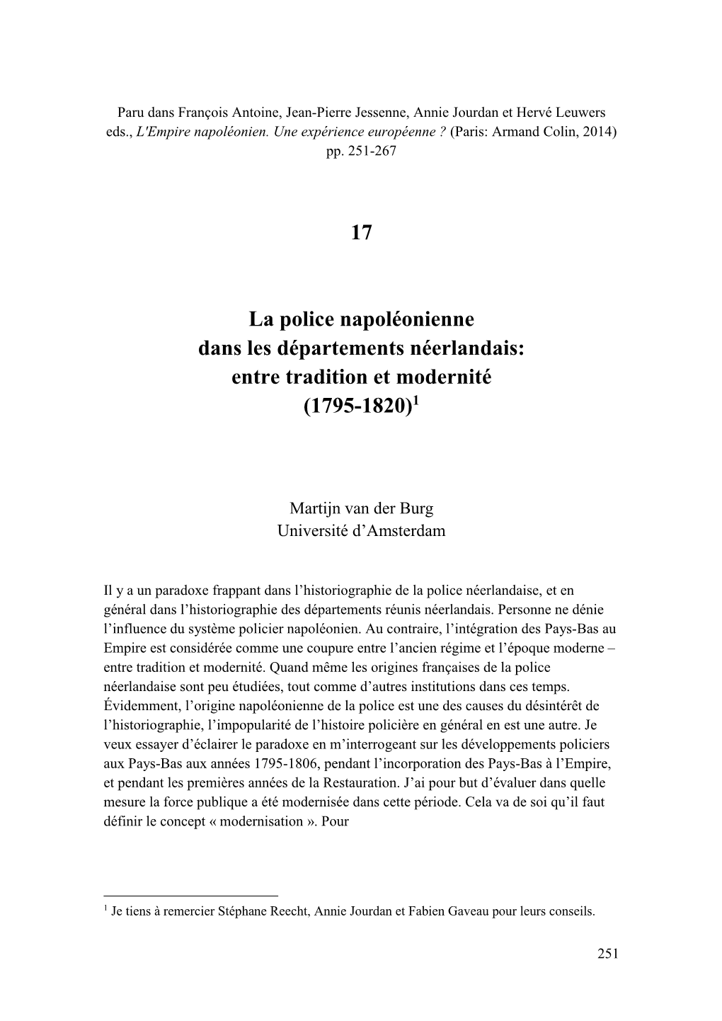 17 La Police Napoléonienne Dans Les Départements Néerlandais: Entre