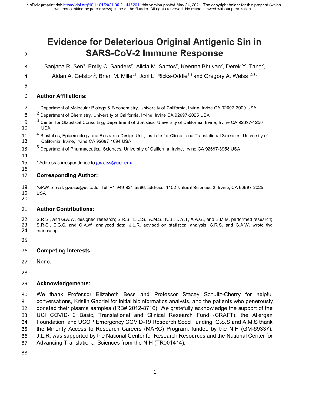 Evidence for Deleterious Original Antigenic Sin in SARS-Cov-2