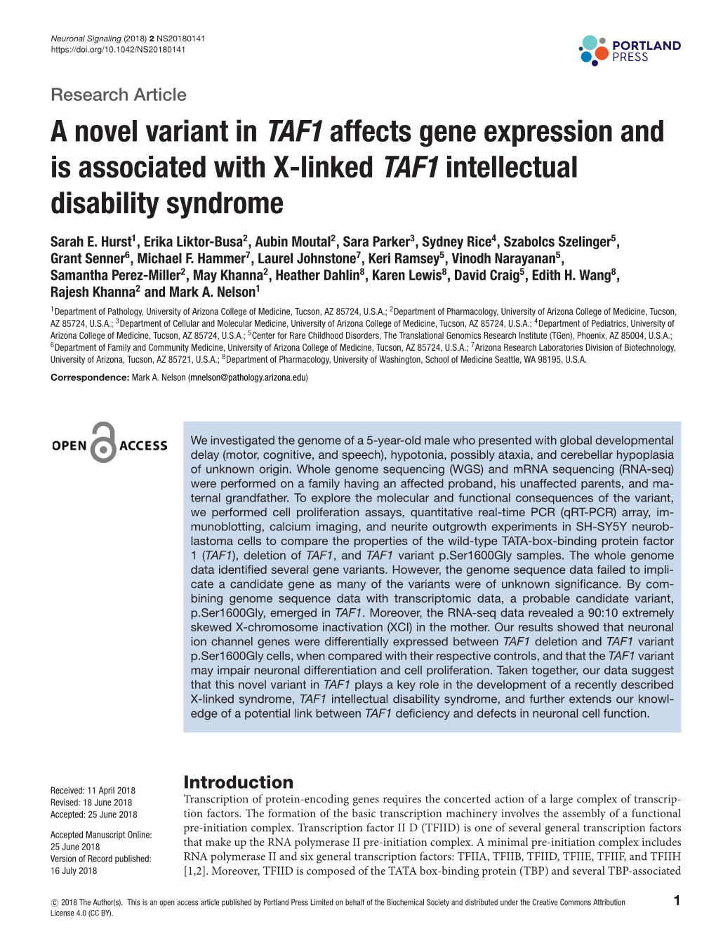 A Novel Variant in TAF1 Affects Gene Expression and Is Associated with X-Linked TAF1 Intellectual Disability Syndrome