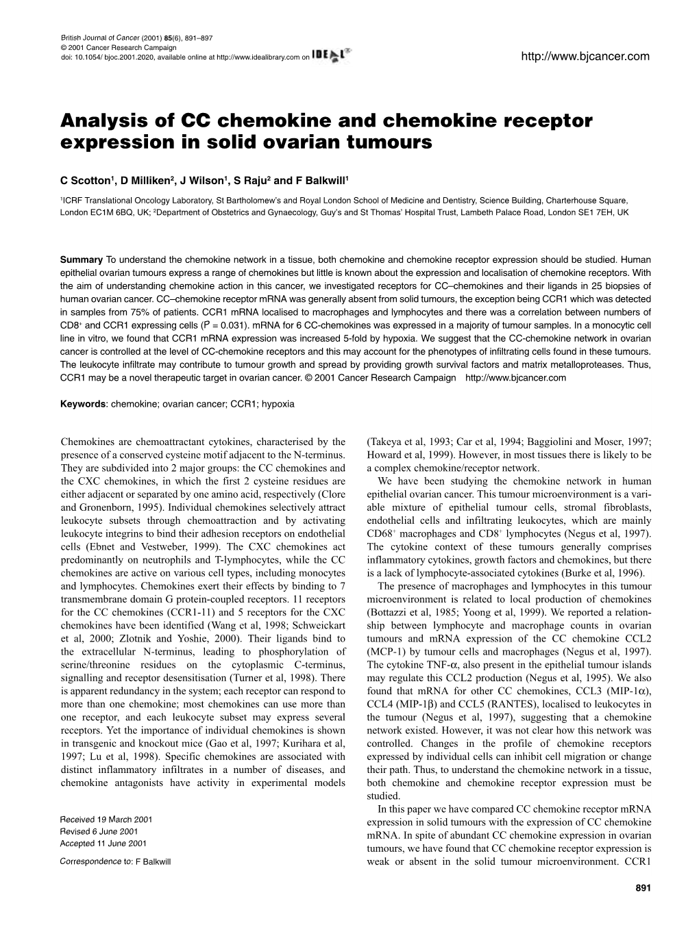 Analysis of CC Chemokine and Chemokine Receptor Expression in Solid Ovarian Tumours