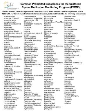 List of Common Prohibited Substance for the California Equine Medication