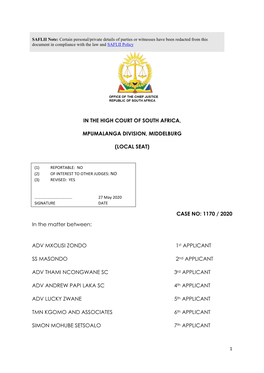 (LOCAL SEAT) CASE NO: 1170 / 2020 in the Matter Between