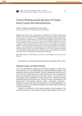 Critical Thinking and the Question of Critique: Some Lessons from Deconstruction