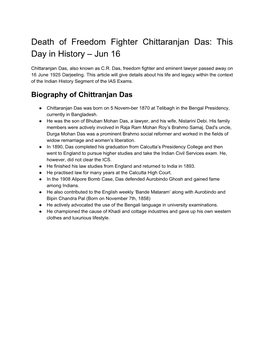Death of Freedom Fighter Chittaranjan Das: This Day in History – Jun 16