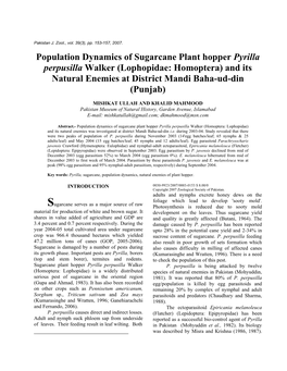 Population Dynamics of Sugarcane Plant Hopper Pyrilla Perpusilla Walker (Lophopidae: Homoptera) and Its Natural Enemies at District Mandi Baha-Ud-Din (Punjab)