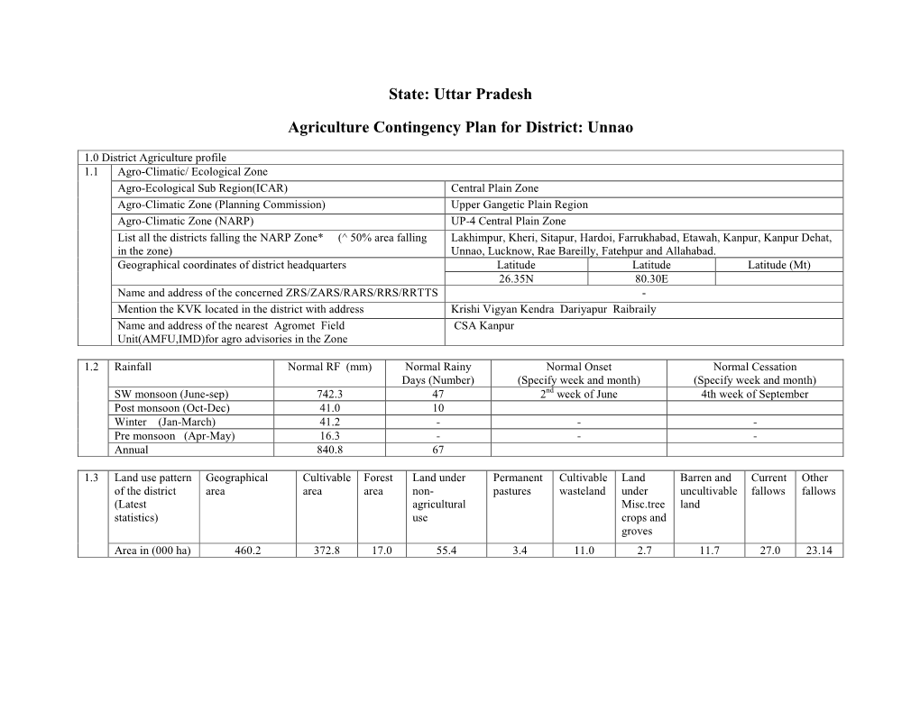 State: Uttar Pradesh Agriculture Contingency Plan for District: Unnao