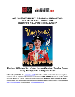 Adg Film Society Presents the Original Mary Poppins - “Practically Perfect in Every Way: Celebrating the Artists Behind a Classic!”