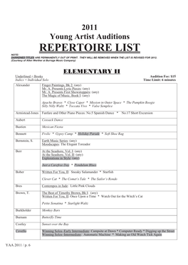 YAA Repretoire List