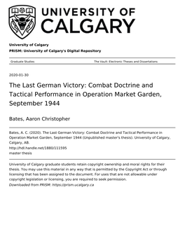 The Last German Victory: Combat Doctrine and Tactical Performance in Operation Market Garden, September 1944
