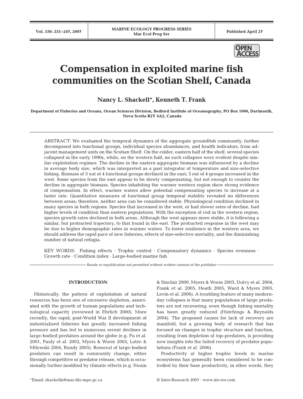 Compensation in Exploited Marine Fish Communities on the Scotian Shelf, Canada