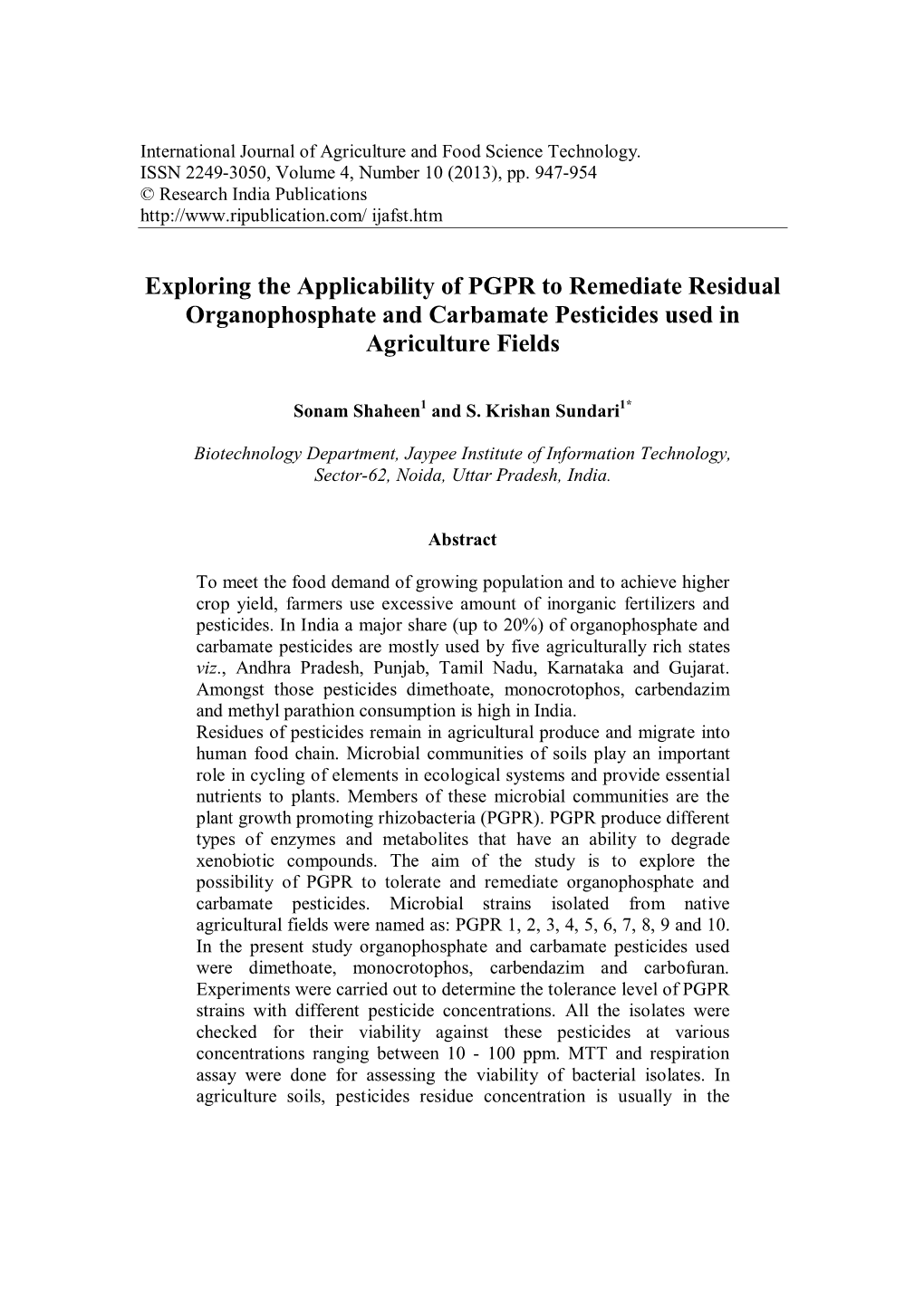 Exploring the Applicability of PGPR to Remediate Residual Organophosphate and Carbamate Pesticides Used in Agriculture Fields