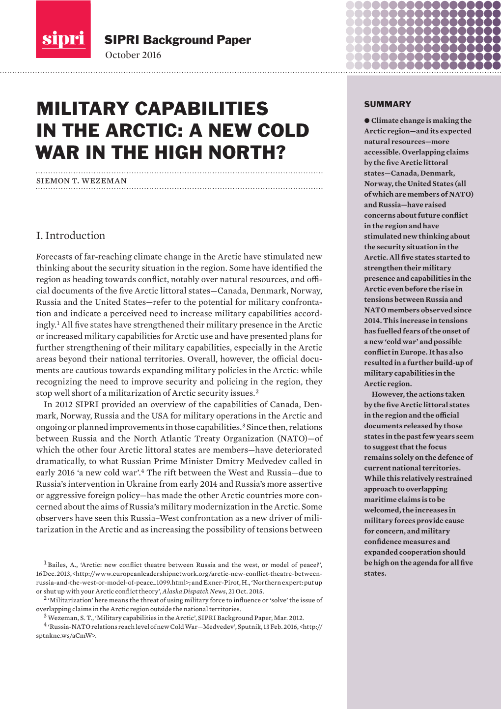 Military Capabilities in the Arctic, SIPRI Background Paper