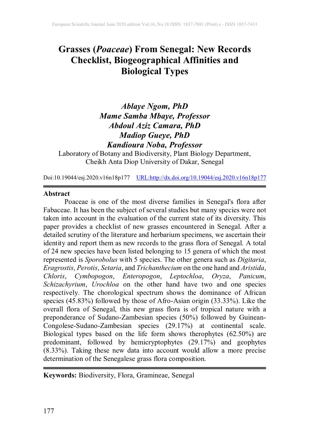 Grasses (Poaceae) from Senegal: New Records Checklist, Biogeographical Affinities and Biological Types