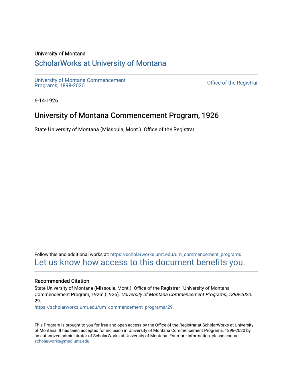 University of Montana Commencement Program, 1926