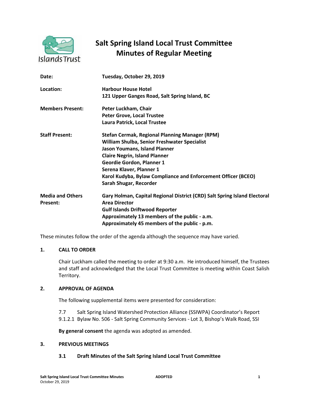 Salt Spring Island Local Trust Committee Minutes of Regular Meeting