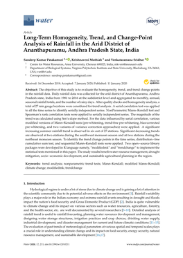 Long-Term Homogeneity, Trend, and Change-Point Analysis of Rainfall in the Arid District of Ananthapuramu, Andhra Pradesh State, India