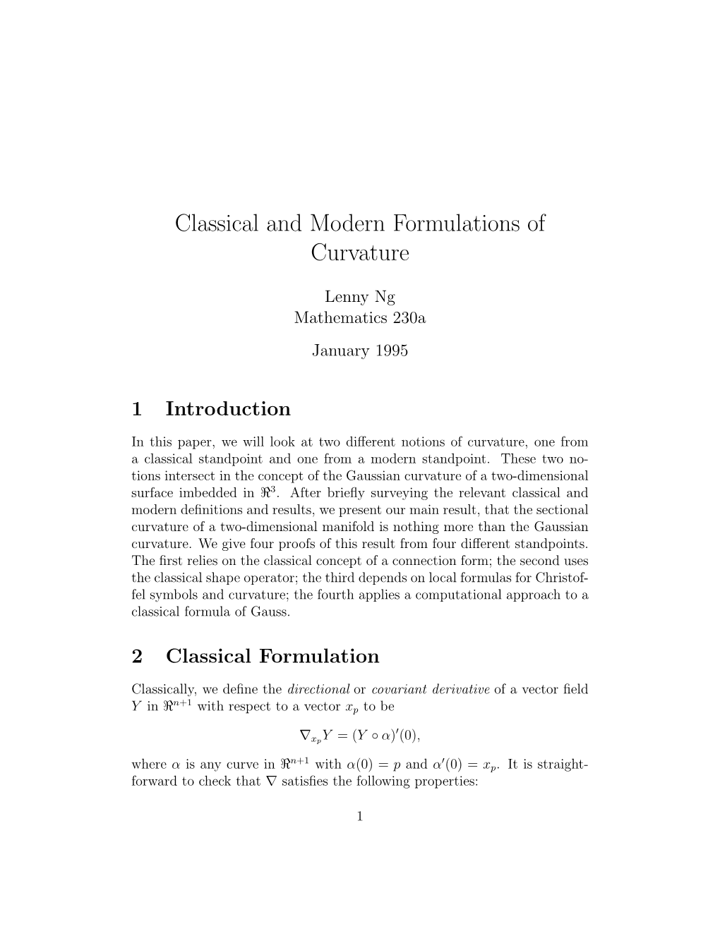 Classical and Modern Formulations of Curvature