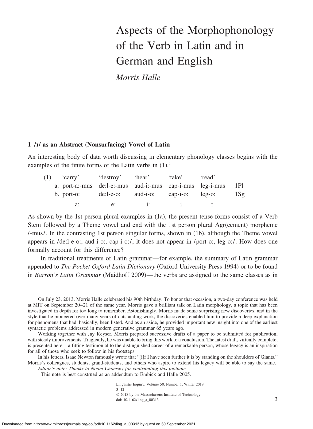 Aspects of the Morphophonology of the Verb in Latin and in German and English Morris Halle