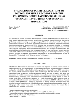 Evaluation of Possible Locations of Bottom Pressure Recorder for the Colombian North Pacific Coast, Using Tsunami Travel Times and Tsunami Simulations