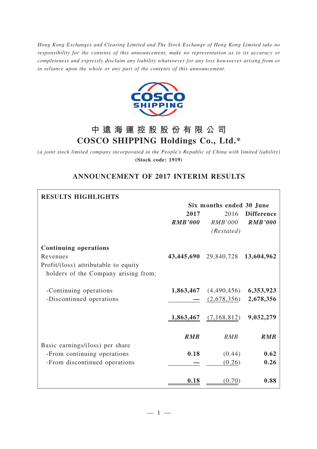 中遠海運控股股份有限公司 COSCO SHIPPING Holdings Co., Ltd.*