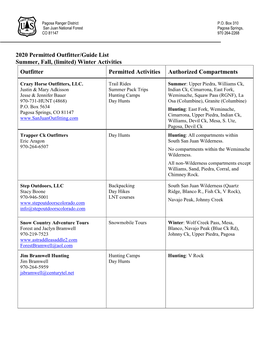 2020 Permitted Outfitter/Guide List Summer, Fall, (Limited) Winter Activities Outfitter Permitted Activities Authorized Compartments