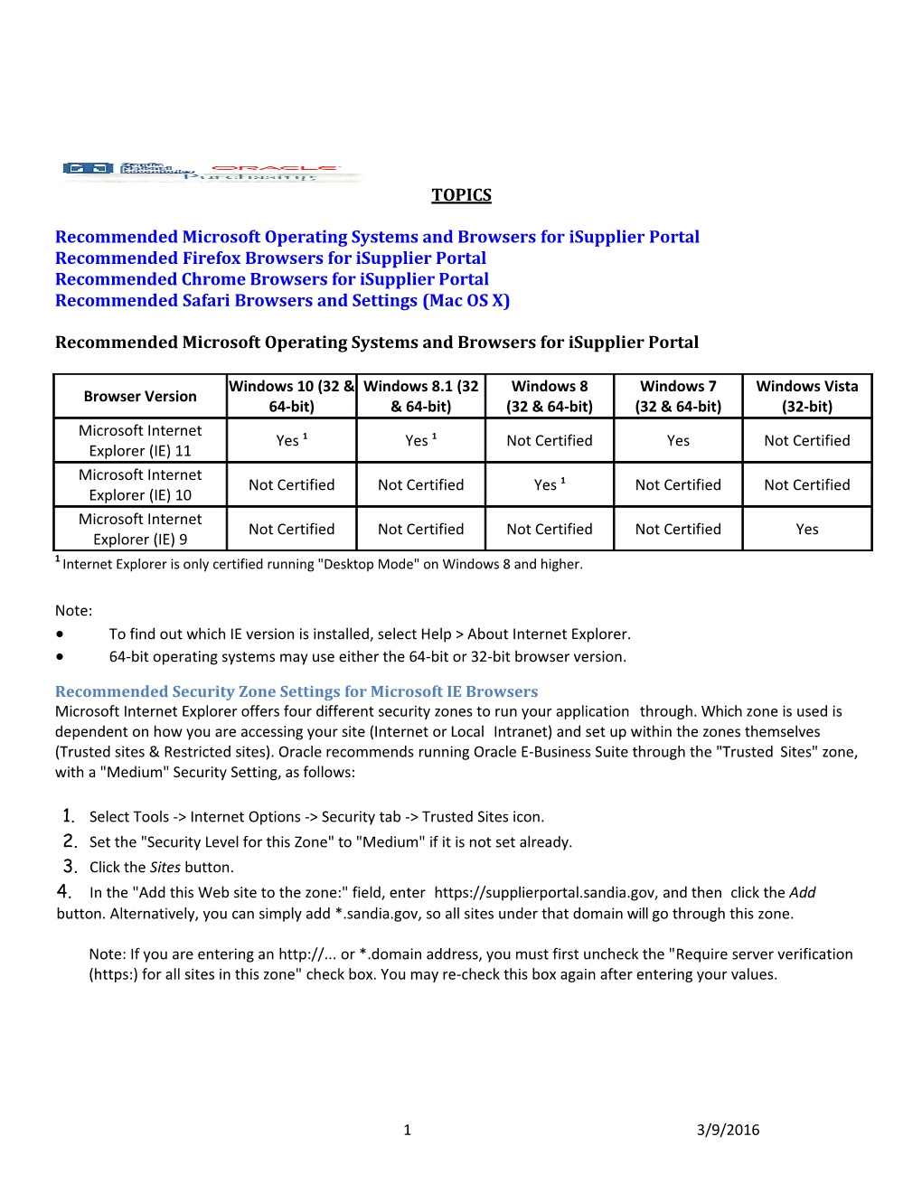 Recommended Microsoft Operating Systems and Browsers for Isupplier Portal