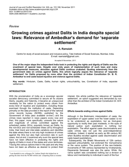 Growing Crimes Against Dalits in India Despite Special Laws: Relevance of Ambedkar’S Demand for ‘Separate Settlement’