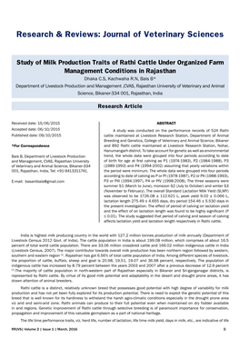 Study of Milk Production Traits of Rathi Cattle Under Organized Farm