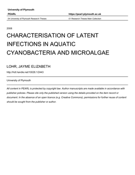 CHARACTERISATION of LATENT INFECTIONS Ln AQUATIC CYANOBACTERIA and MICROALGAE
