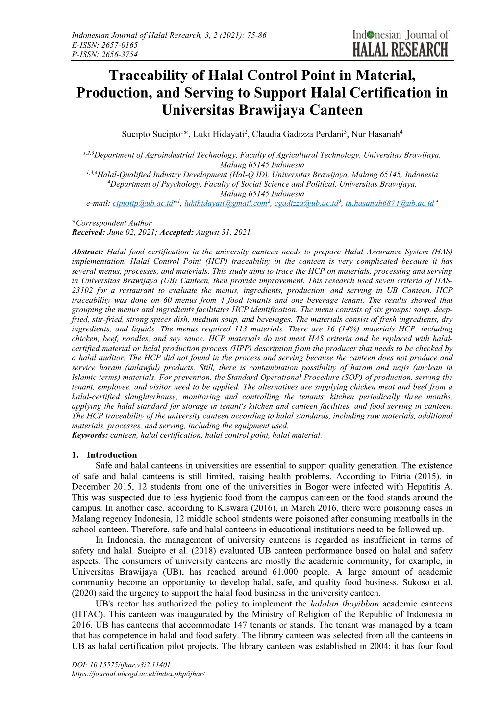 Traceability of Halal Control Point in Material, Production, and Serving to Support Halal Certification in Universitas Brawijaya Canteen