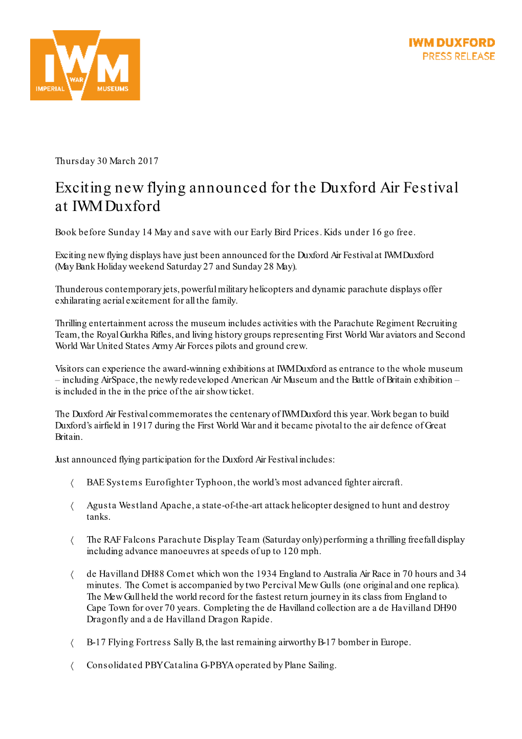 PRESS RELEASE Exciting New Flying the Duxford Air Festival