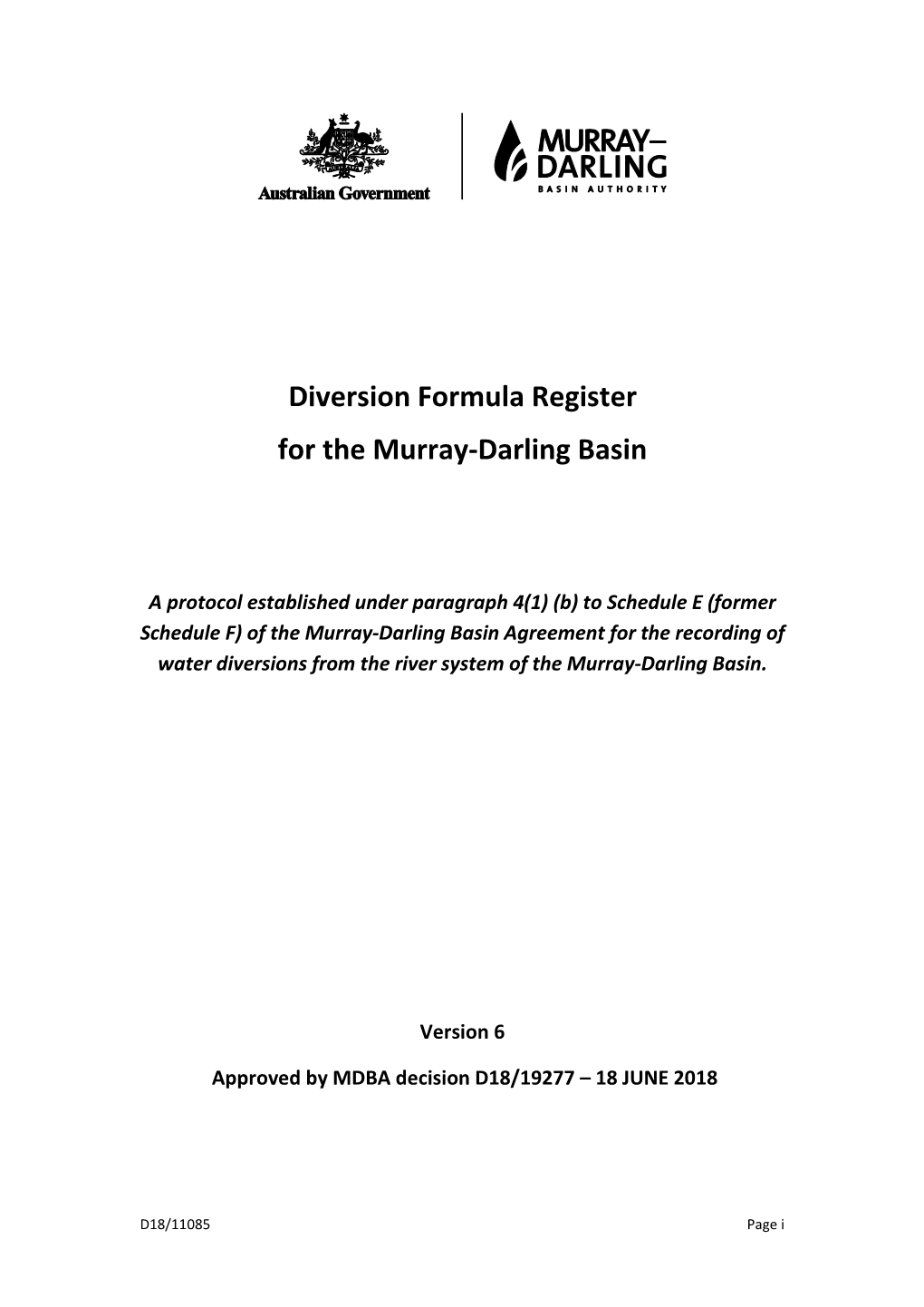 Diversion Formula Register for the Murray-Darling Basin